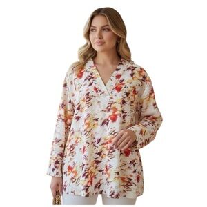 Terra & Sky Plus 2X Orange/Yellow/White Abstract Long Sleeve Hi-Lo Blouse